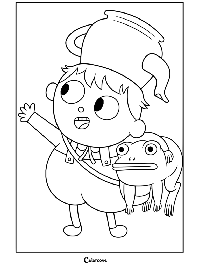 Dibujo gratuito para imprimir y colorear de Greg con una tetera por sombrero y sosteniendo una rana en Más allá del jardín.