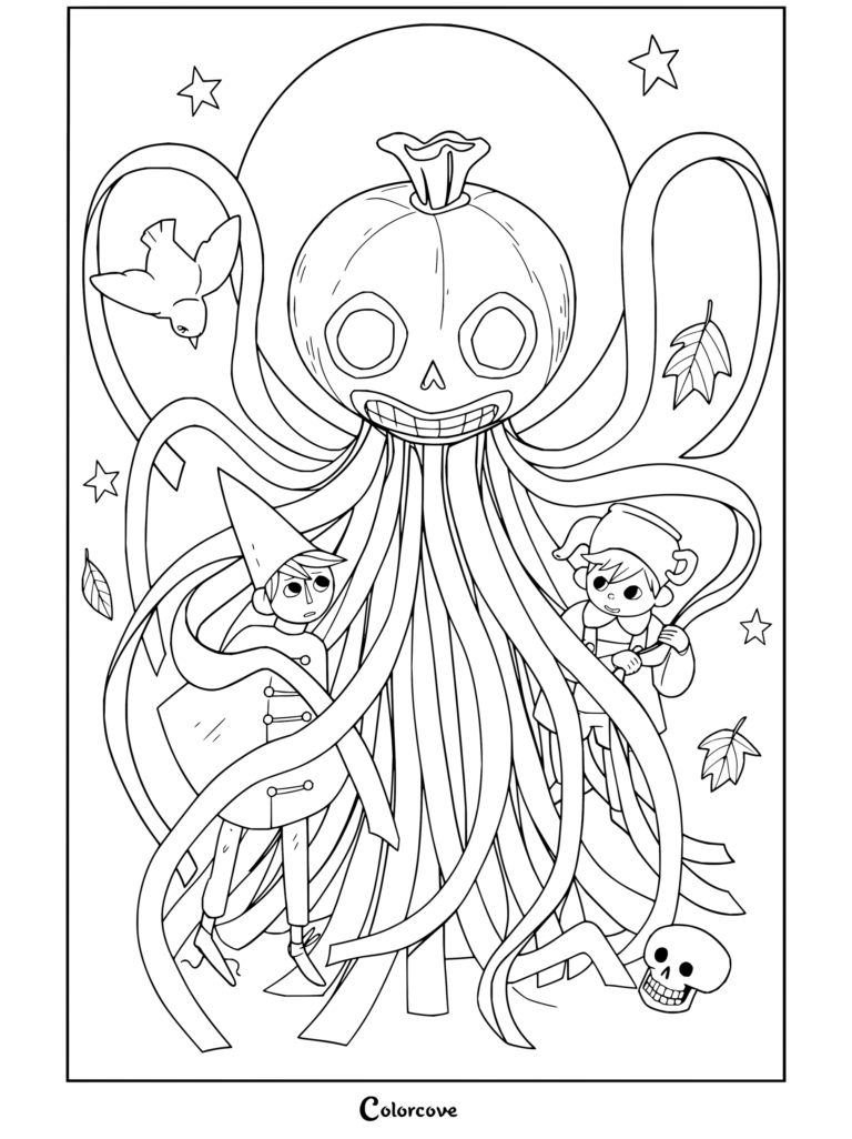 Dibujo para imprimir y colorear de Wirt y Greg frente a la criatura gigante con cabeza de calabaza de Pottsfield en Más allá del jardín.