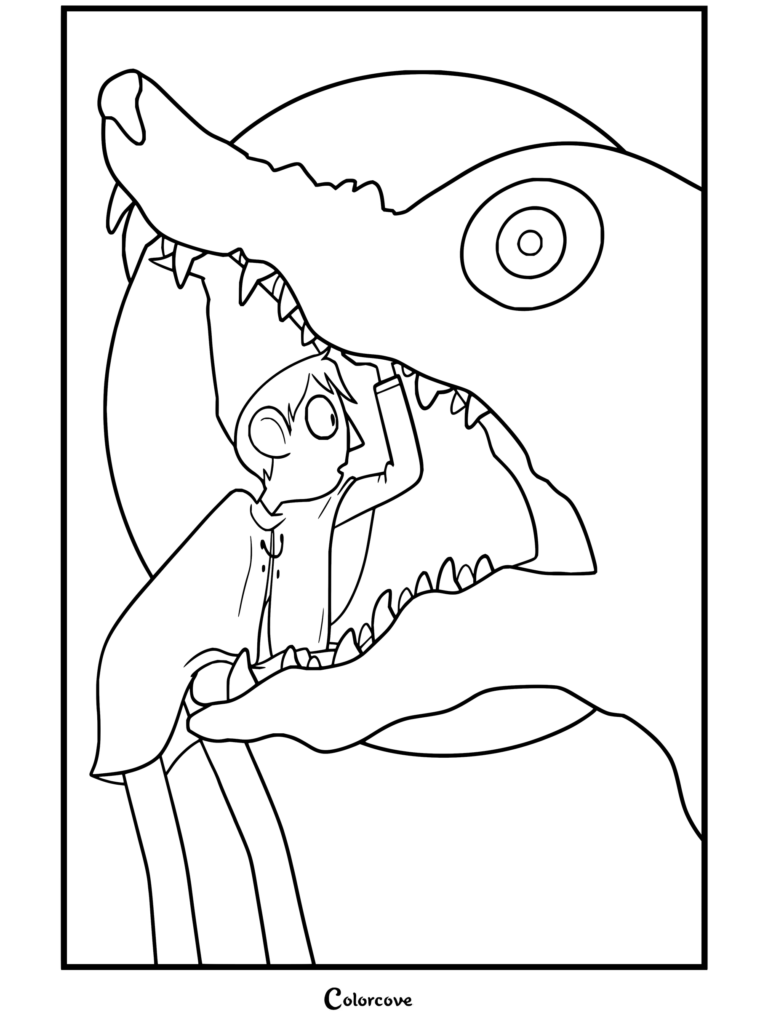 Dibujo para imprimir y colorear de Wirt abriendo las enormes fauces de La Bestia en Más allá del jardín.