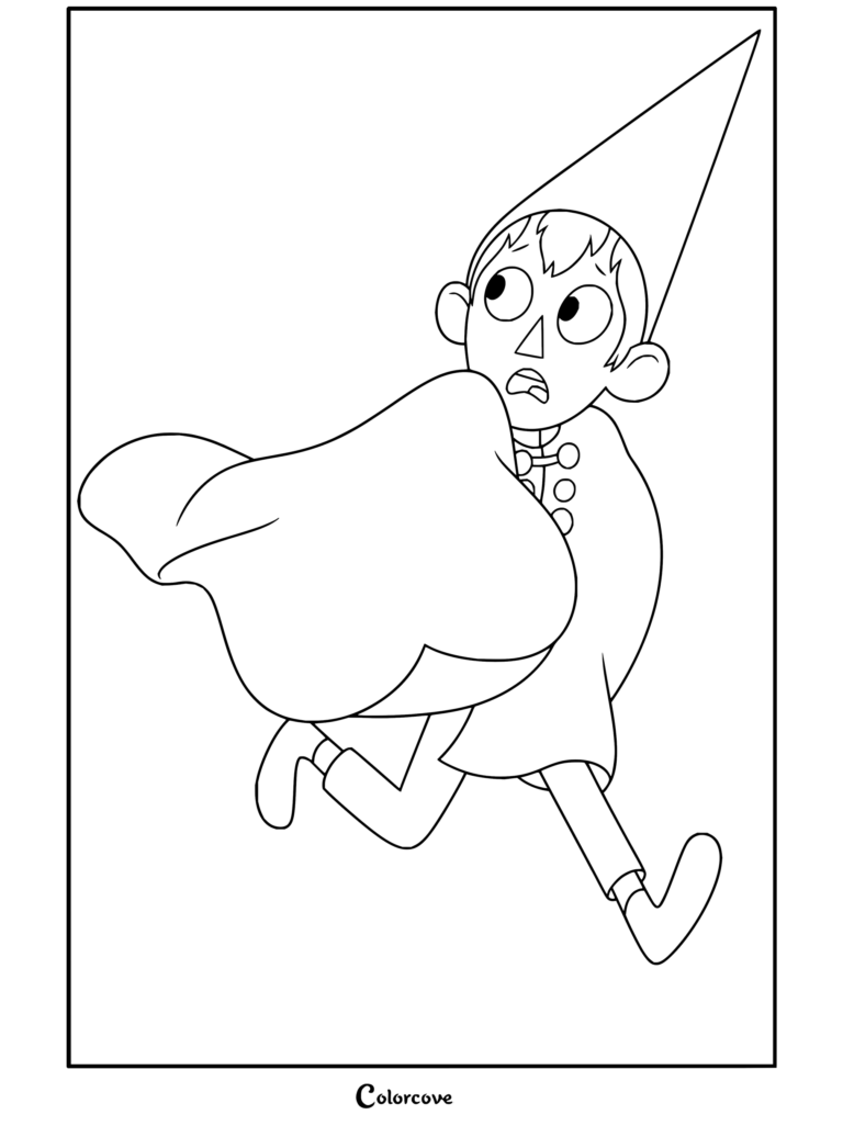 Dibujo para imprimir y colorear de Más allá del jardín con Wirt corriendo asustado con su capa ondeando al viento.