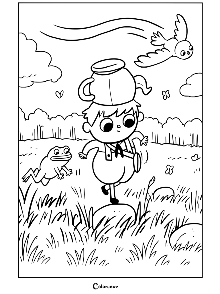 Dibujo para colorear de Más allá del jardín con Wirt corriendo por la hierba con una tetera en la cabeza y una rana cerca