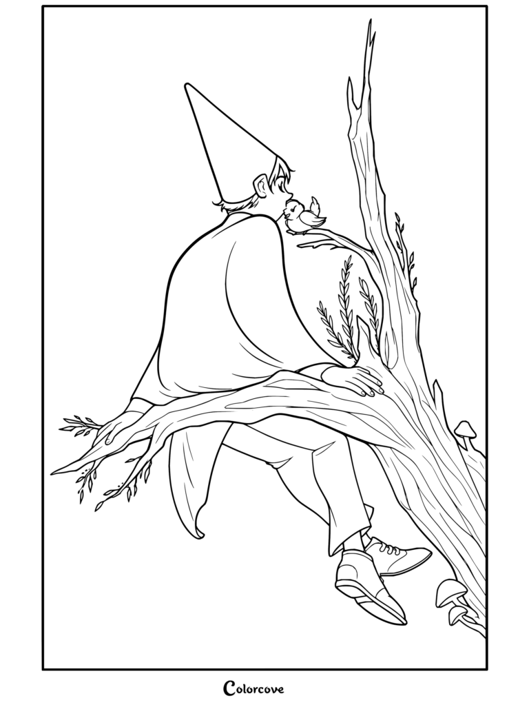 Dibujo para colorear de Más allá del jardín con Wirt sentado en la rama de un árbol con el azulejo, luciendo su característico gorro puntiagudo y capa junto a Beatriz.