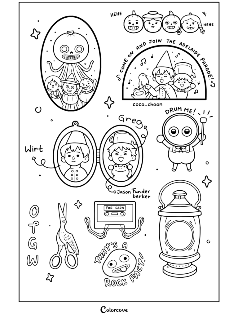 Dibujo para imprimir y colorear con un collage de personajes y objetos de Más allá del jardín, incluidos Wirt, Greg, Jason Funderburker y varios elementos icónicos.