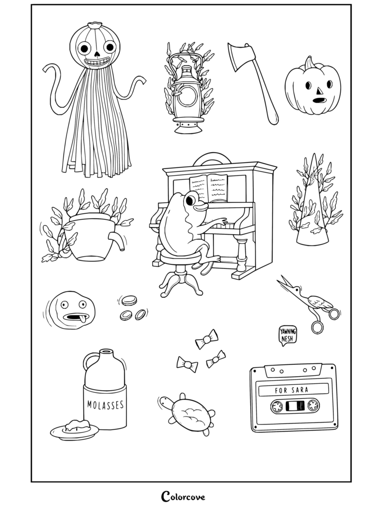Dibujo para colorear de Más allá del jardín con pegatinas de personajes y objetos emblemáticos como La Bestia, una rana tocando el piano, una linterna, un hacha, una calabaza y melaza.