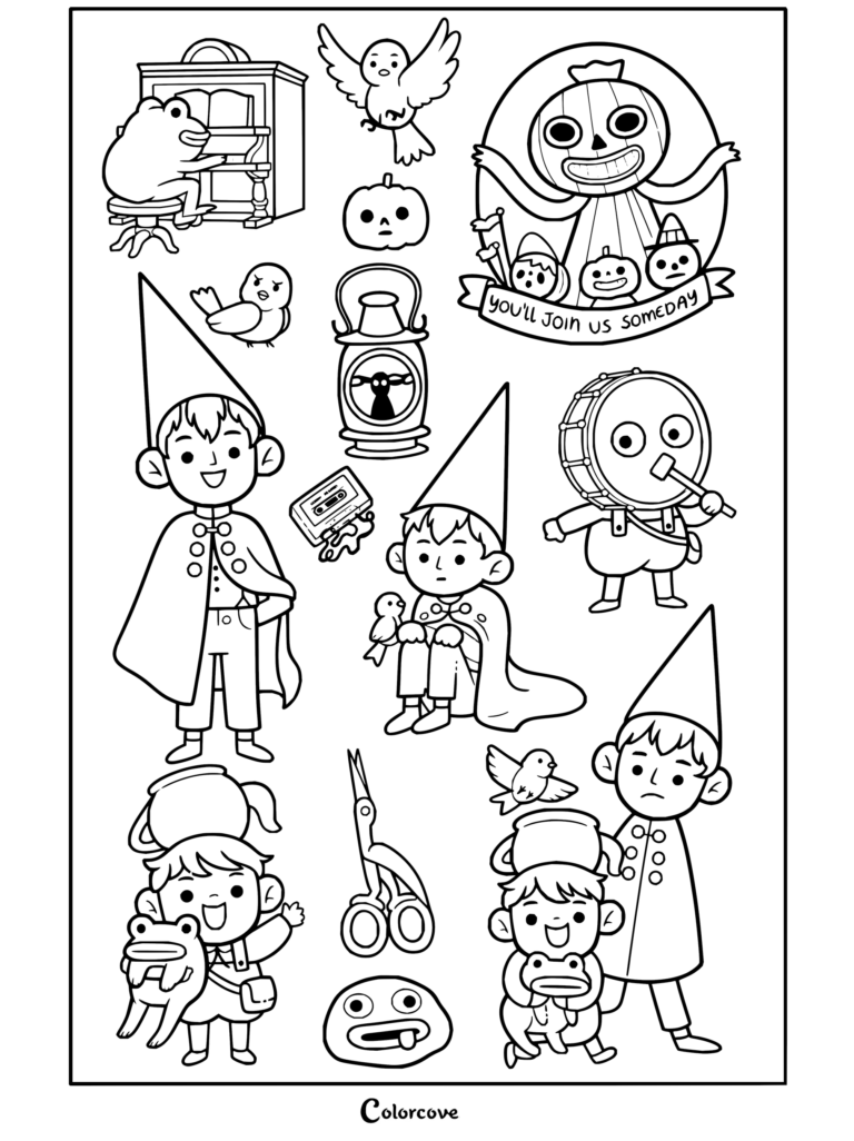 Dibujo para colorear de Más allá del jardín con una colección de Wirt, Beatriz, Greg y objetos icónicos en arte lineal en blanco y negro.