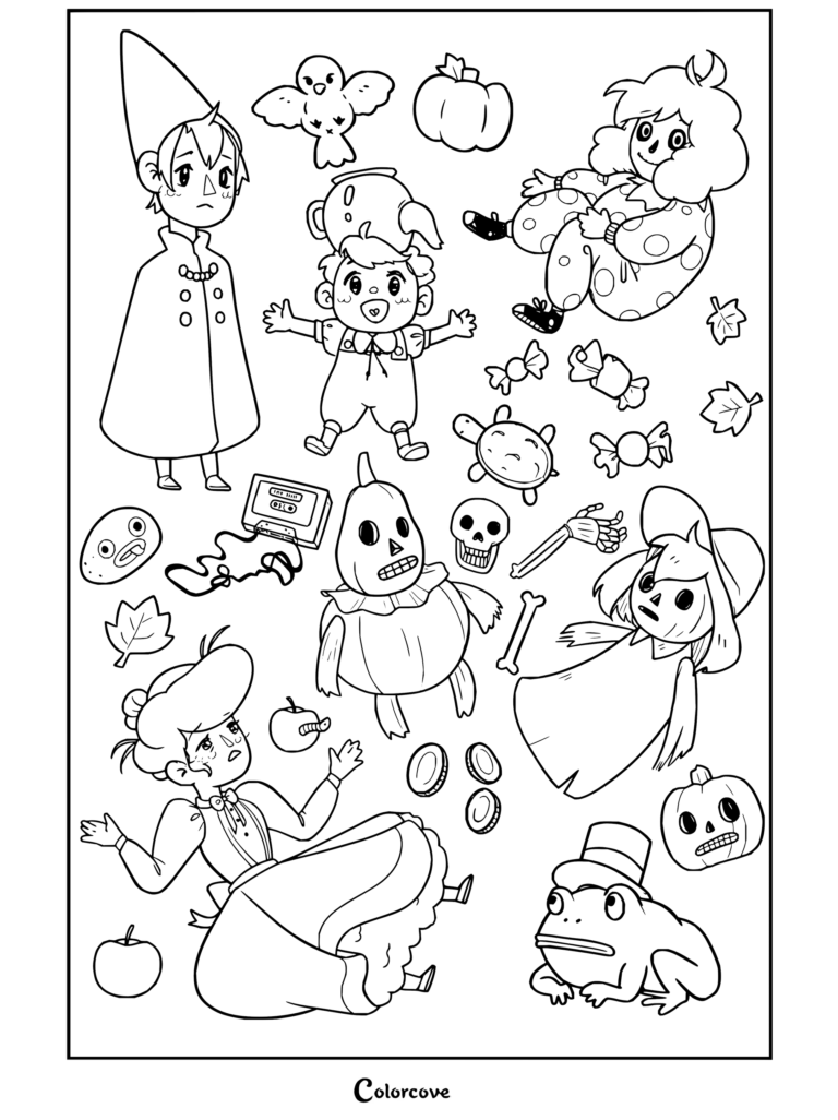 Dibujo gratuito para imprimir y colorear de Más allá del jardín con bocetos de Wirt, Greg, Beatriz y varios personajes más.