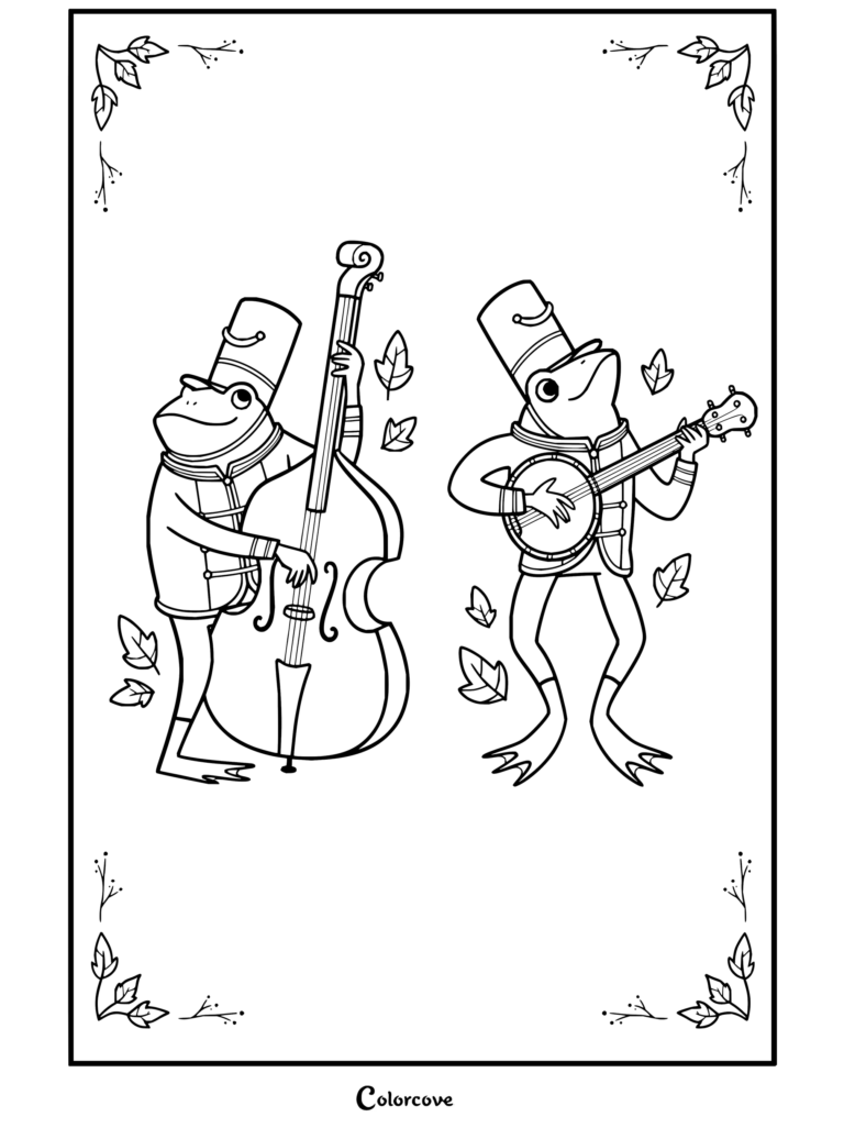 Dibujo para colorear de Más allá del jardín con ranas tocando el contrabajo y el banjo