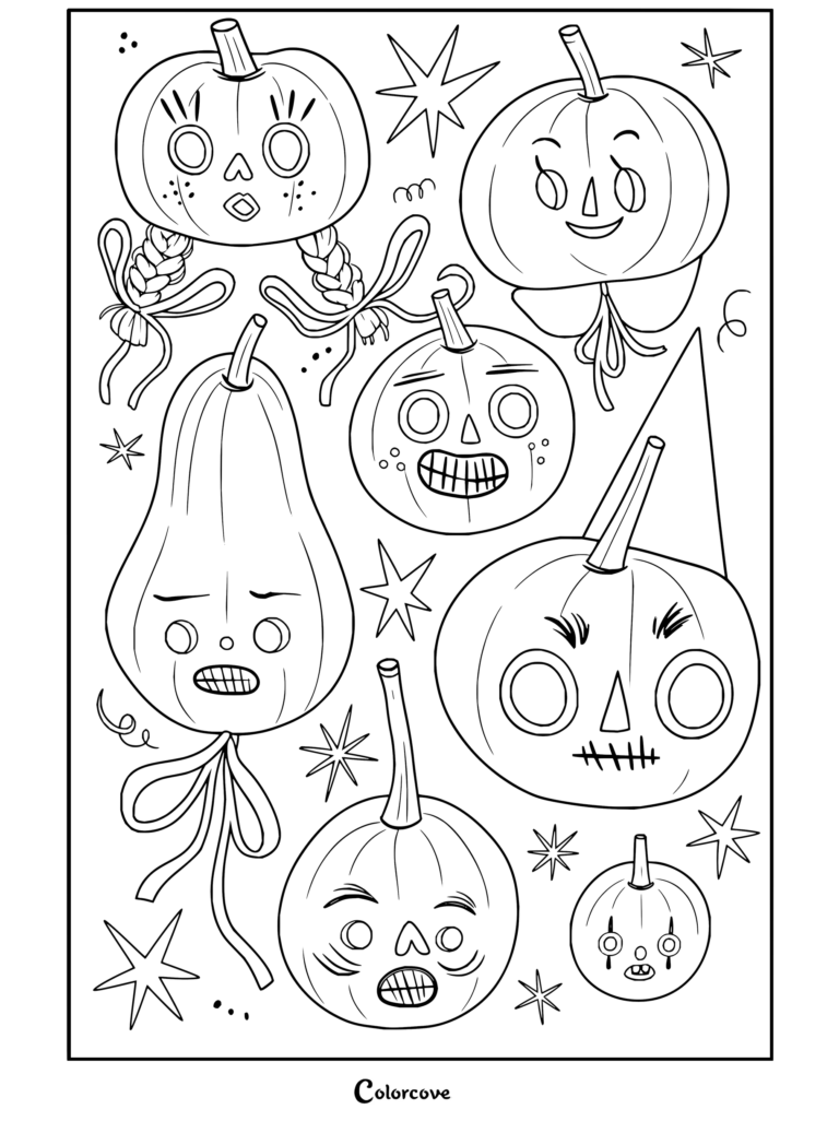 Dibujo para colorear de Más allá del jardín con calabazas de Pottsfield al estilo de arte folclórico clásico con caras expresivas y lazos.