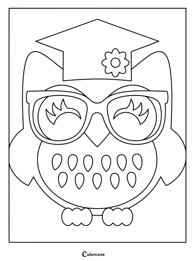 A smart graduate owl wearing glasses and a graduation cap with a flower coloring page