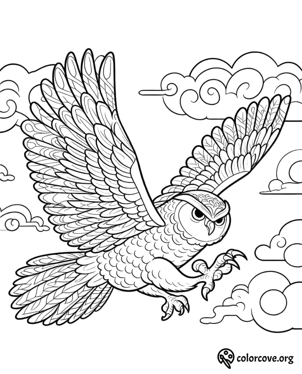 a black and white drawing of an owl flying in the sky