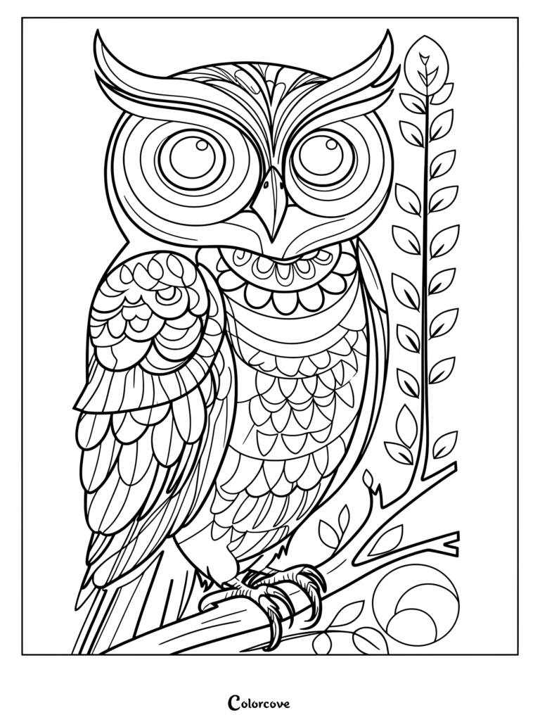Detailed mandala owl coloring page featuring intricate feather patterns and a leafy branch background