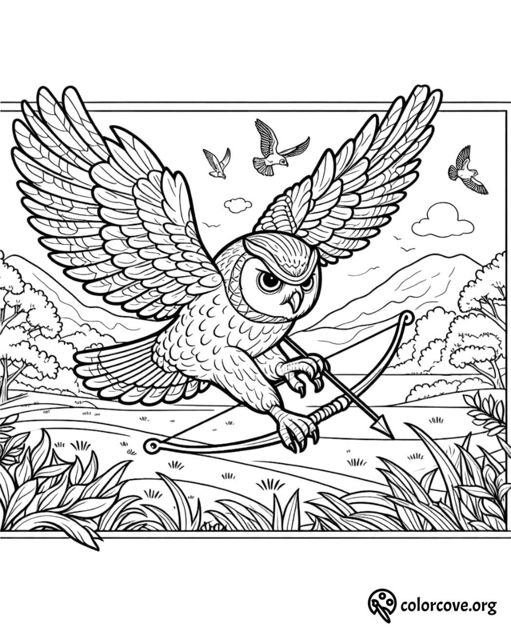 a coloring page of an owl with a bow and arrow