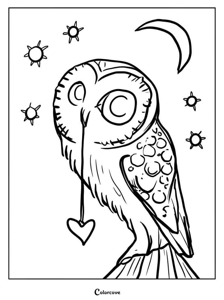 An owl holding a heart pendant in its beak under a crescent moon and stars coloring page