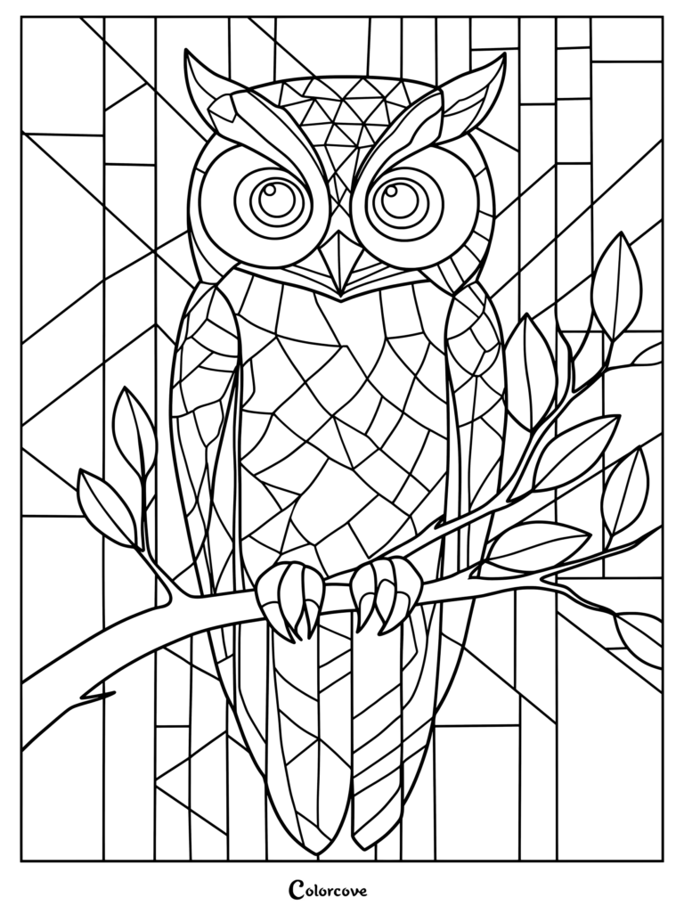 An intricate stained glass owl perched on a leafy branch coloring page with geometric patterns