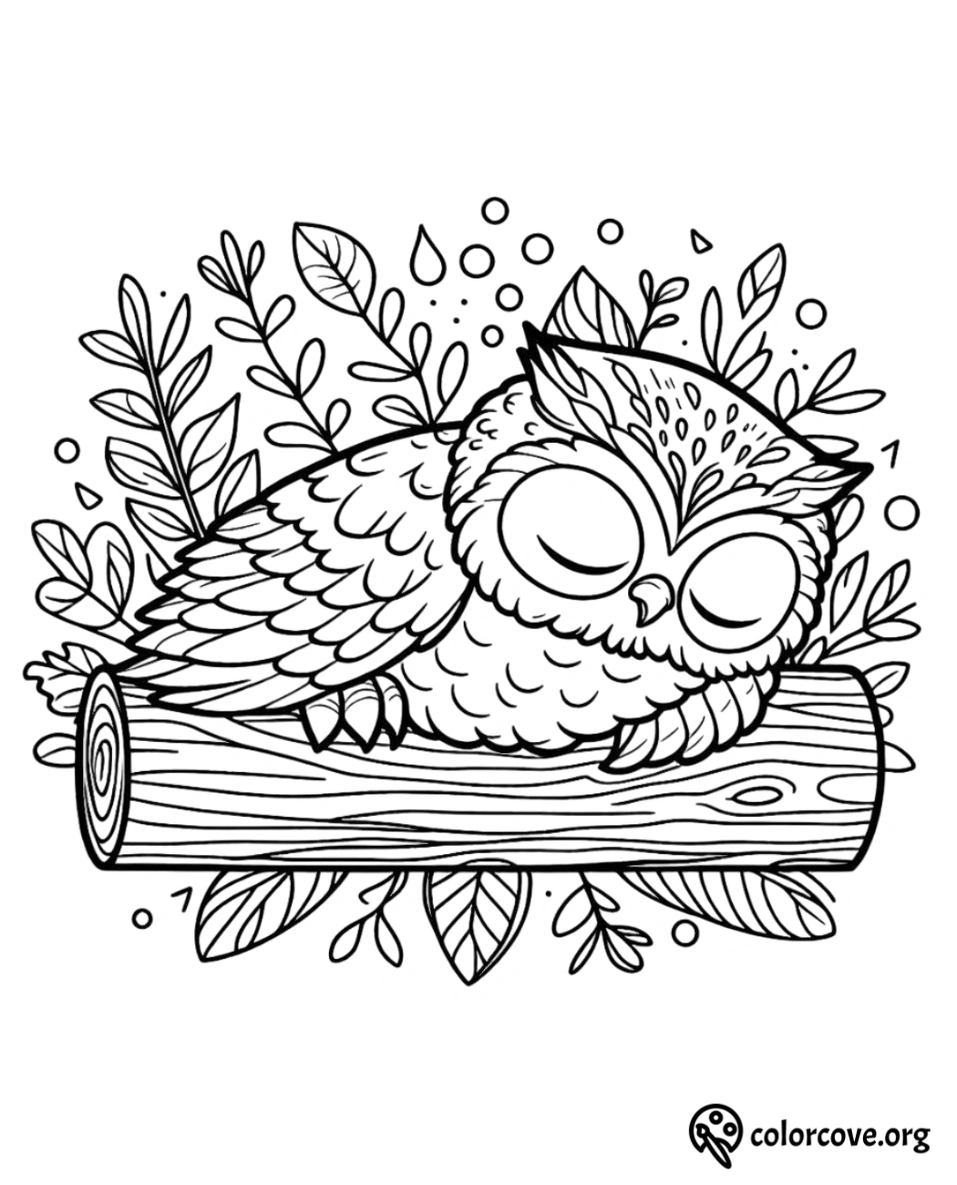 a black and white drawing of an owl on a log