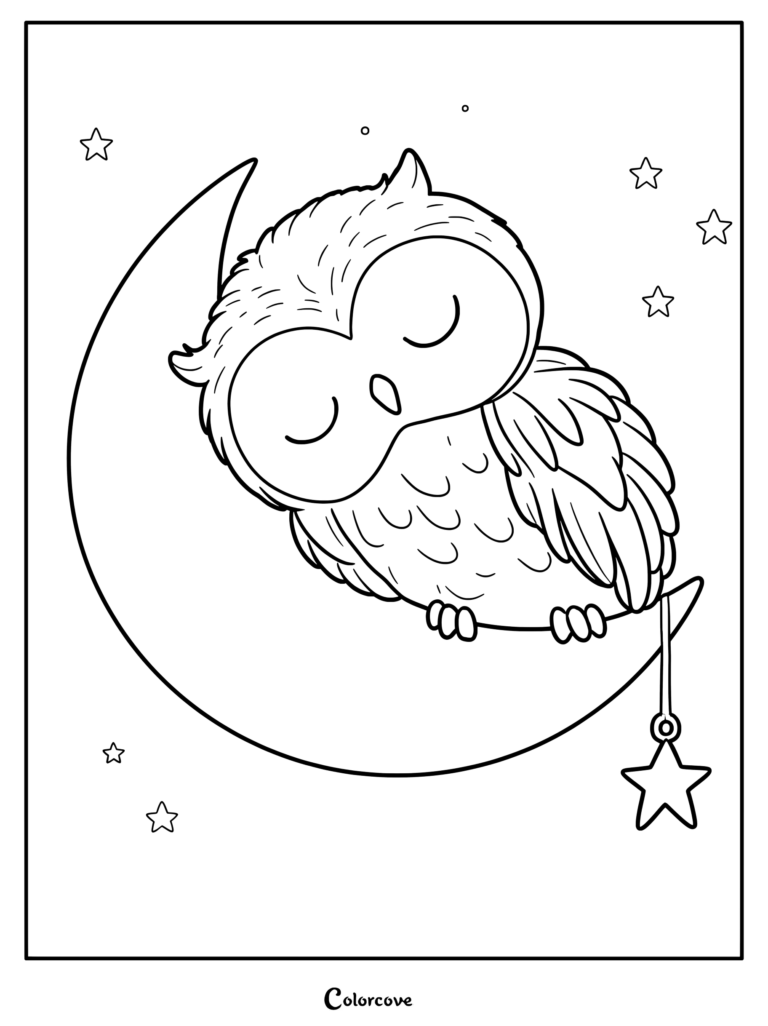 Cute sleeping owl resting on a crescent moon surrounded by stars coloring page