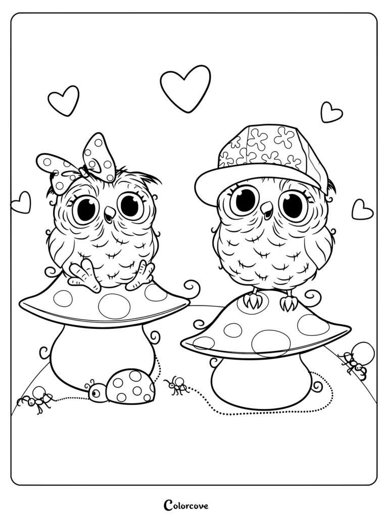Two adorable owls wearing a bow and a patterned cap perched on whimsical mushrooms surrounded by hearts for coloring page