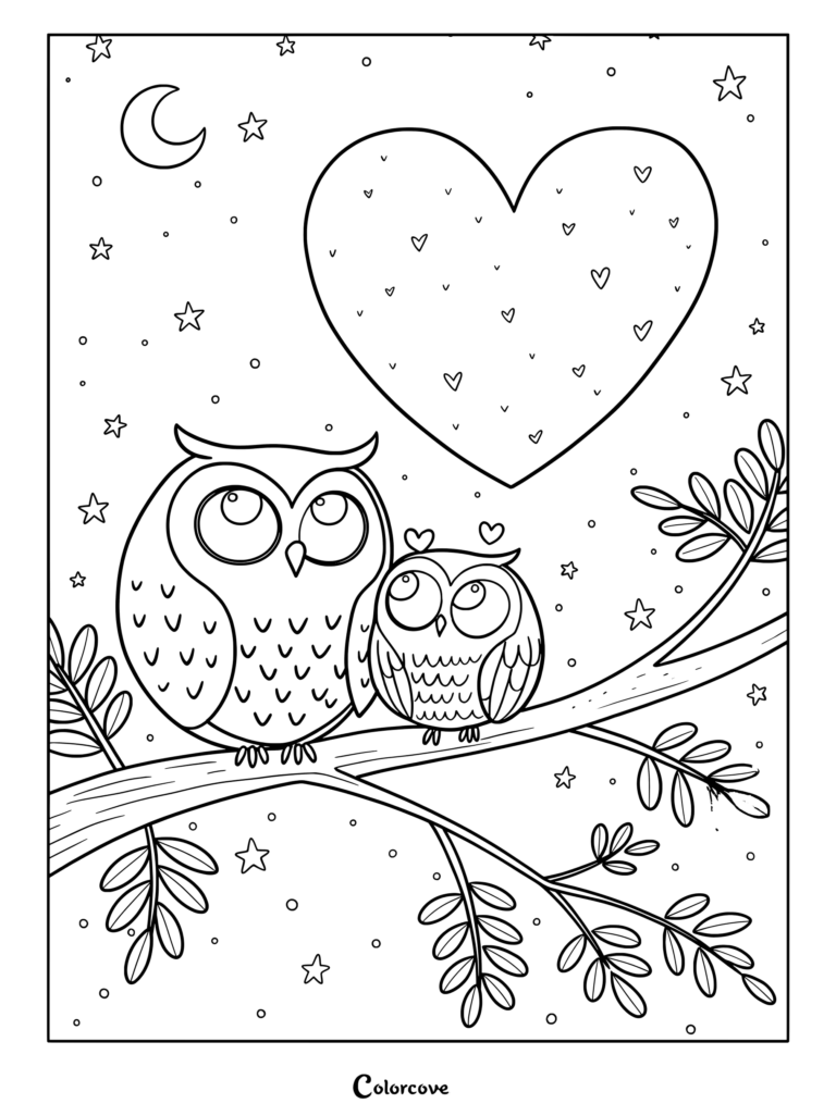 Two cute owls perched on a branch looking up at a large heart and crescent moon in a starry sky coloring page