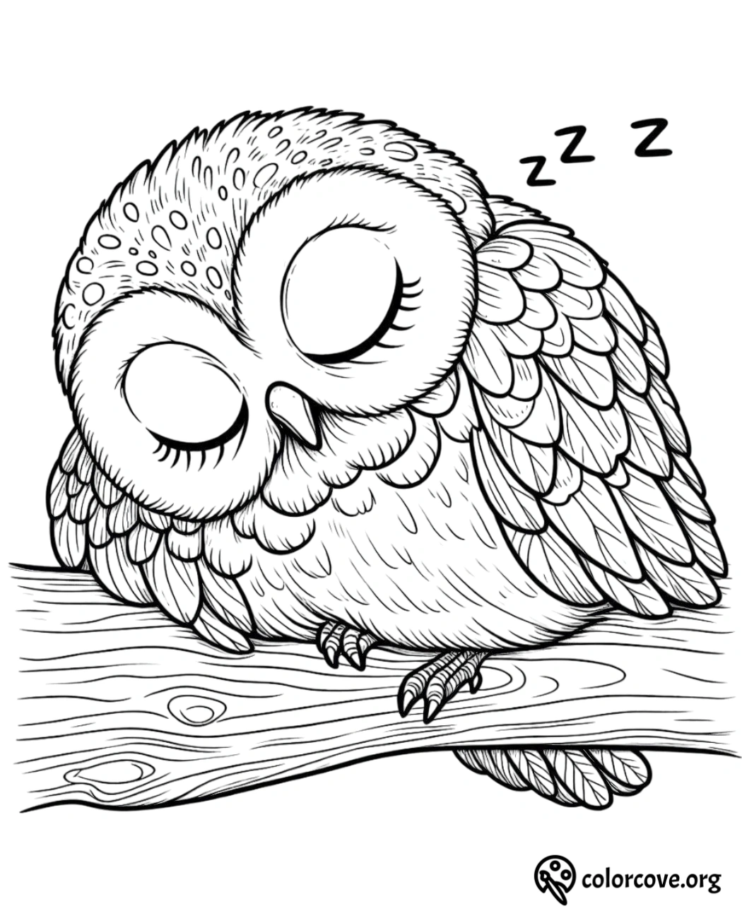 a black and white drawing of an owl sleeping on a tree branch