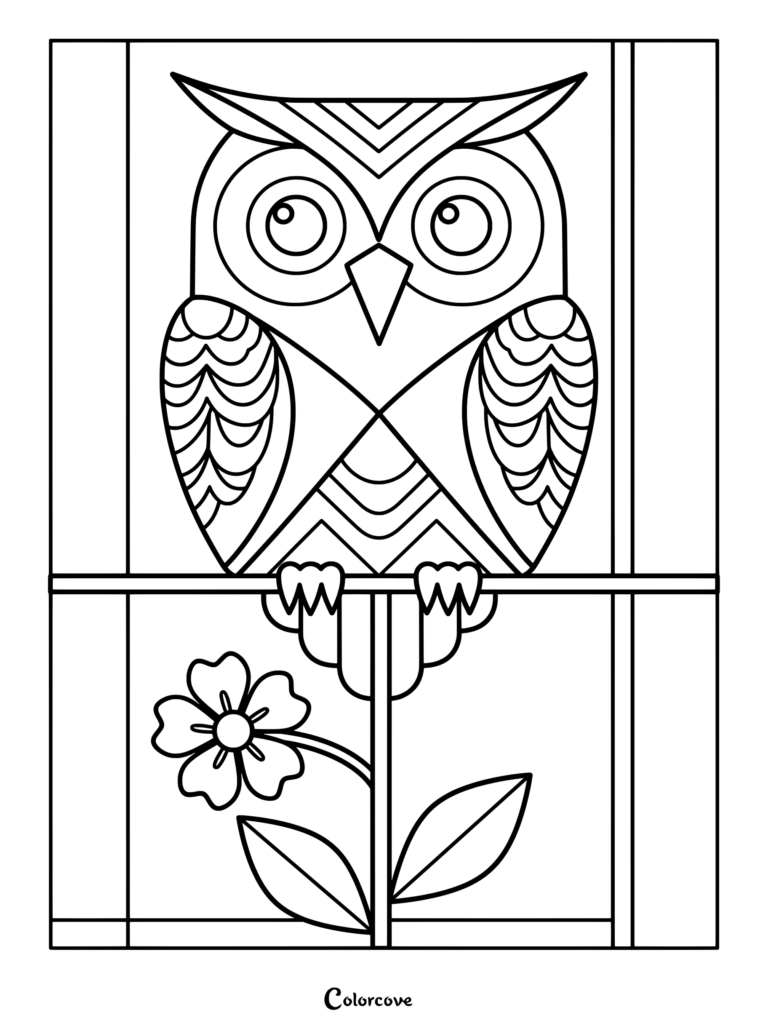 A printable coloring page featuring a geometric owl perched on a branch above a flower with leaves.