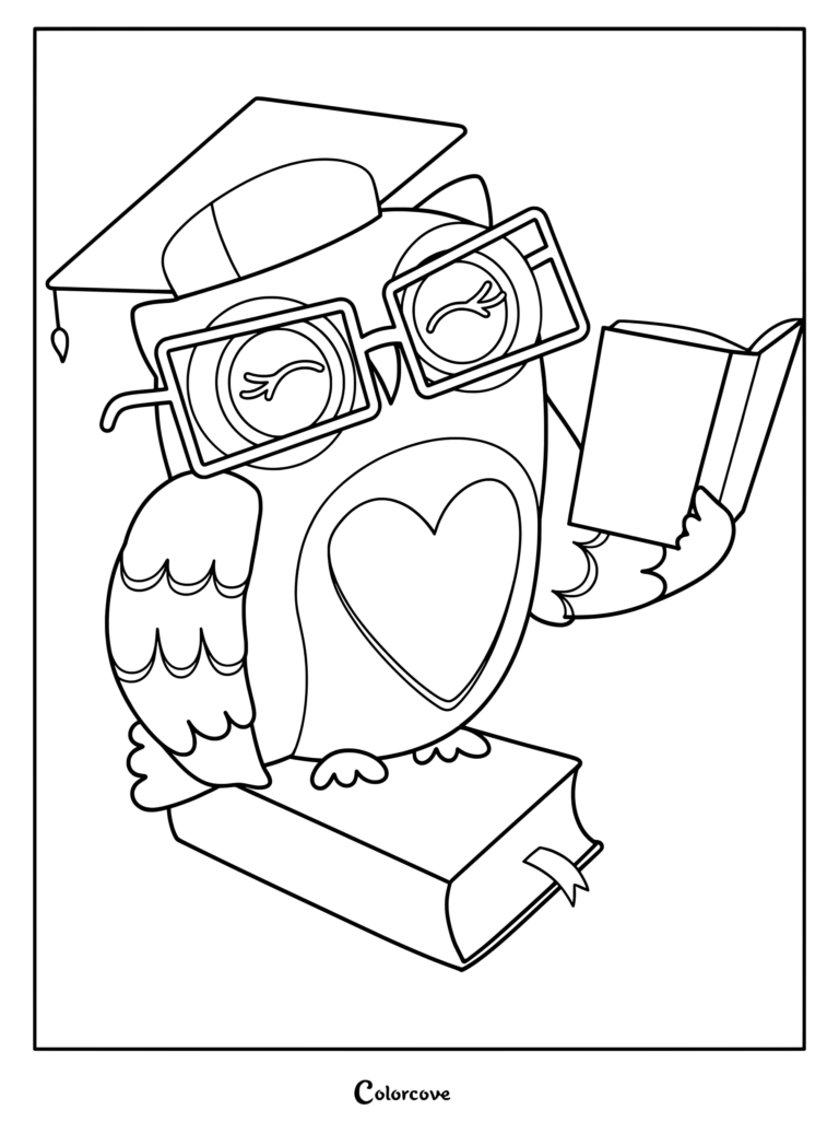 Smart owl coloring page wearing a graduation cap and glasses while reading a book