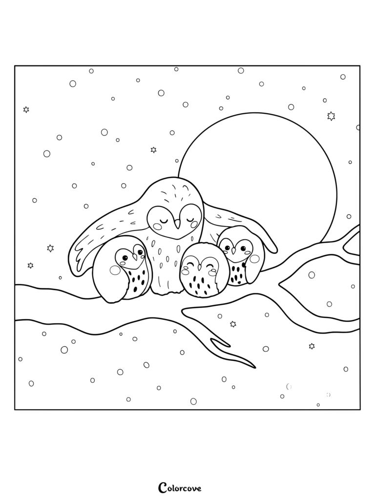 Owl coloring page showing a parent owl sheltering three owlets on a tree branch during a winter snowfall with a large full moon.