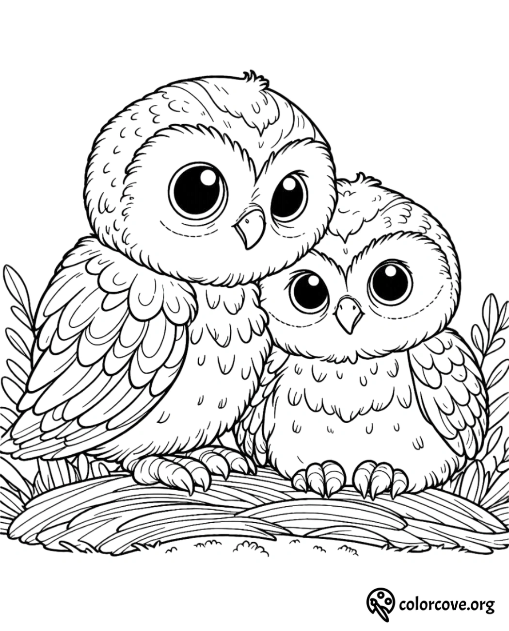 a couple of owls sitting on a nest