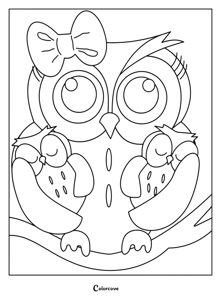 Mother owl wearing a big bow holding two sleeping owlets on a branch in a printable coloring page