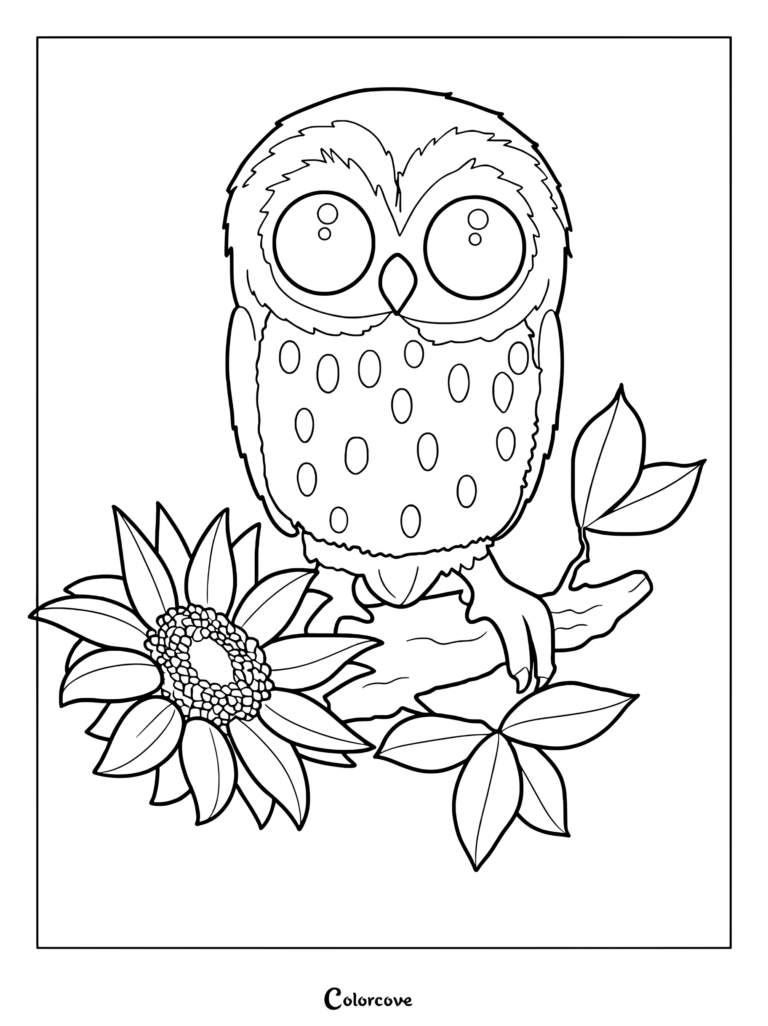 A cute owl perched on a branch next to a large sunflower for a coloring page