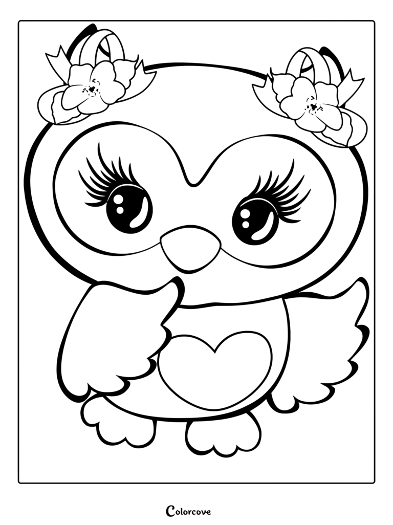 Cute owl coloring page featuring long eyelashes, floral hair bows, and a heart on its chest