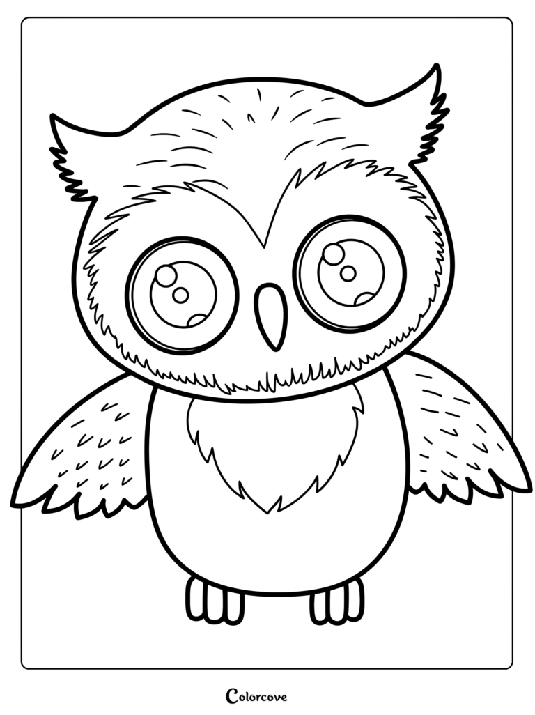 Cute owl coloring page featuring a small owl with huge eyes and feather details
