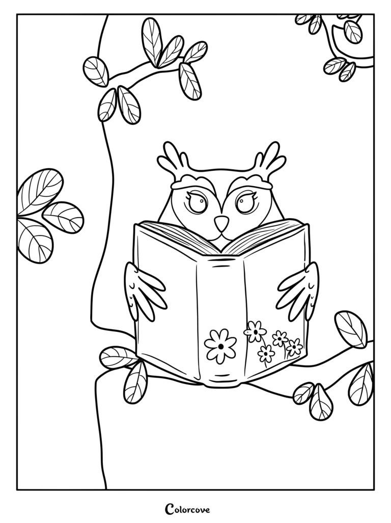 Owl reading a book coloring page featuring a wise bird holding a floral-decorated book perched on a tree branch