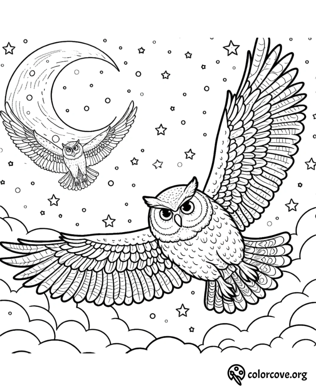 a coloring page of an owl flying in the sky