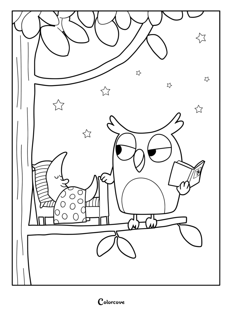 Owl reading a book to a sleepy crescent moon in a bed on a tree branch, featuring starry night sky coloring page