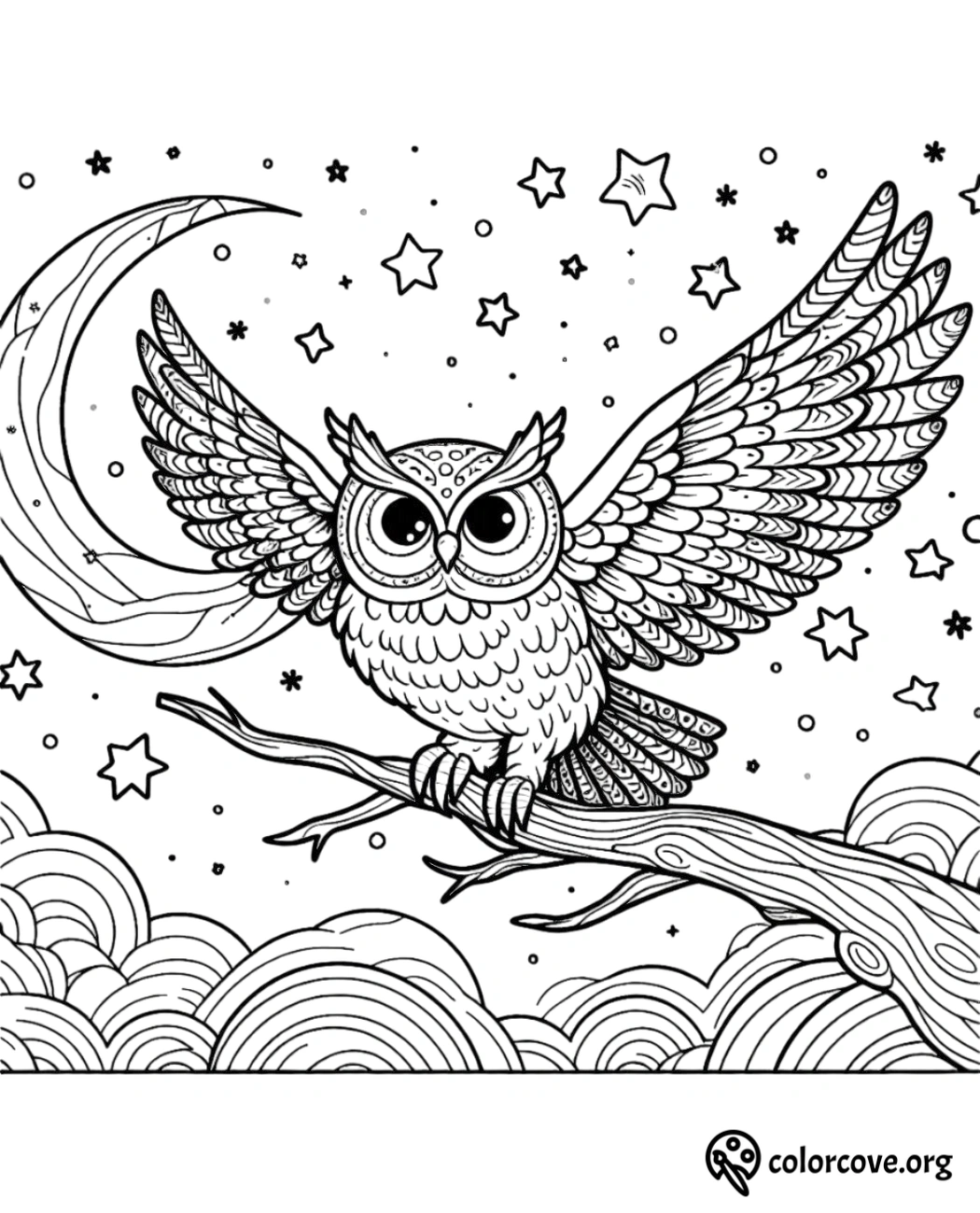 a coloring page of an owl on a tree branch