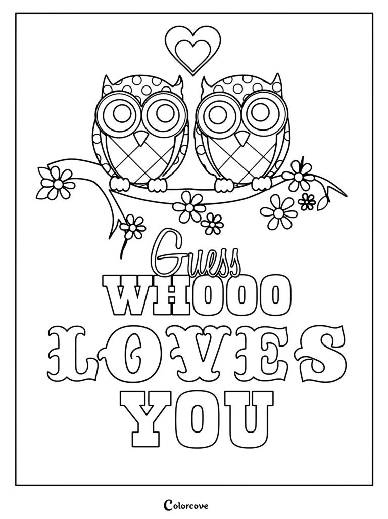 Two cute patterned owls perched on a flowered branch beneath a heart with text reading Guess Whooo Loves You coloring page