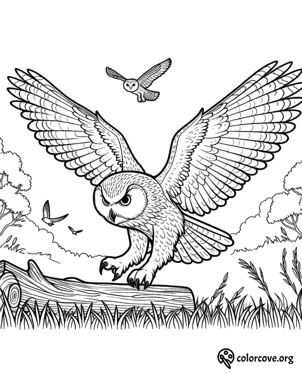 a black and white drawing of an owl flying over a log