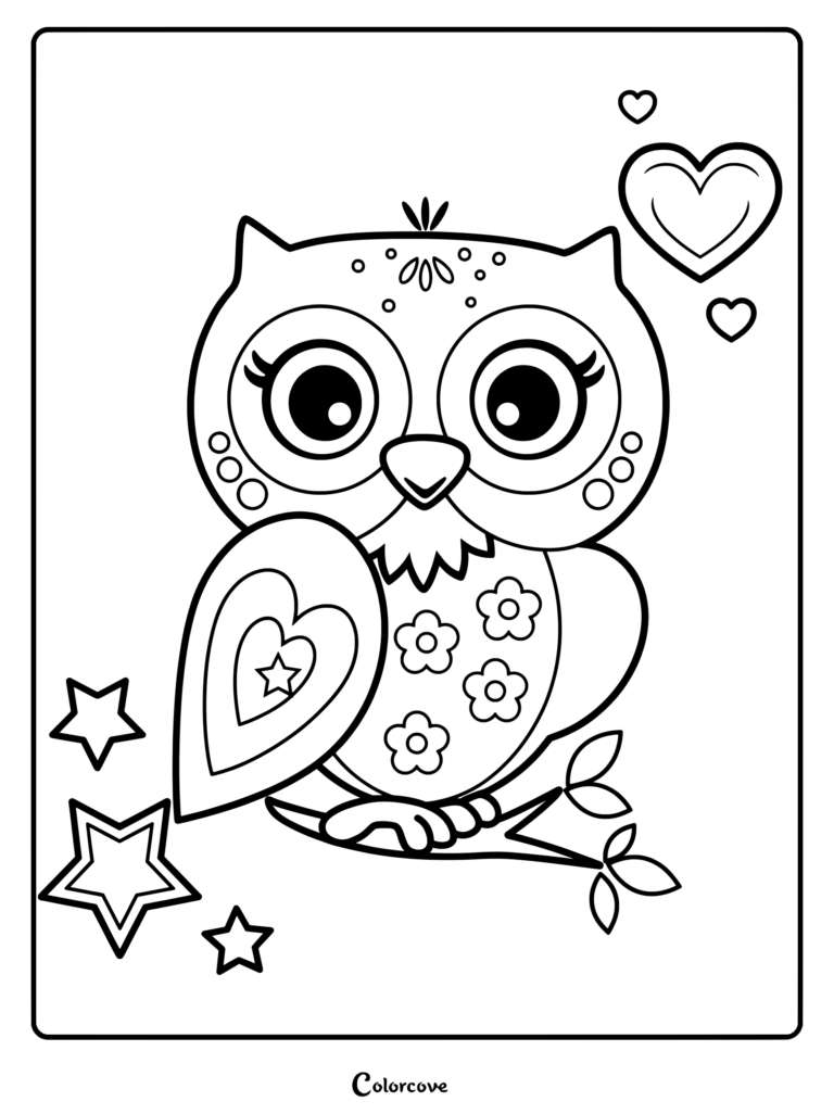 Cute owl coloring page featuring a perched bird with heart and star patterns, surrounded by hearts and stars.