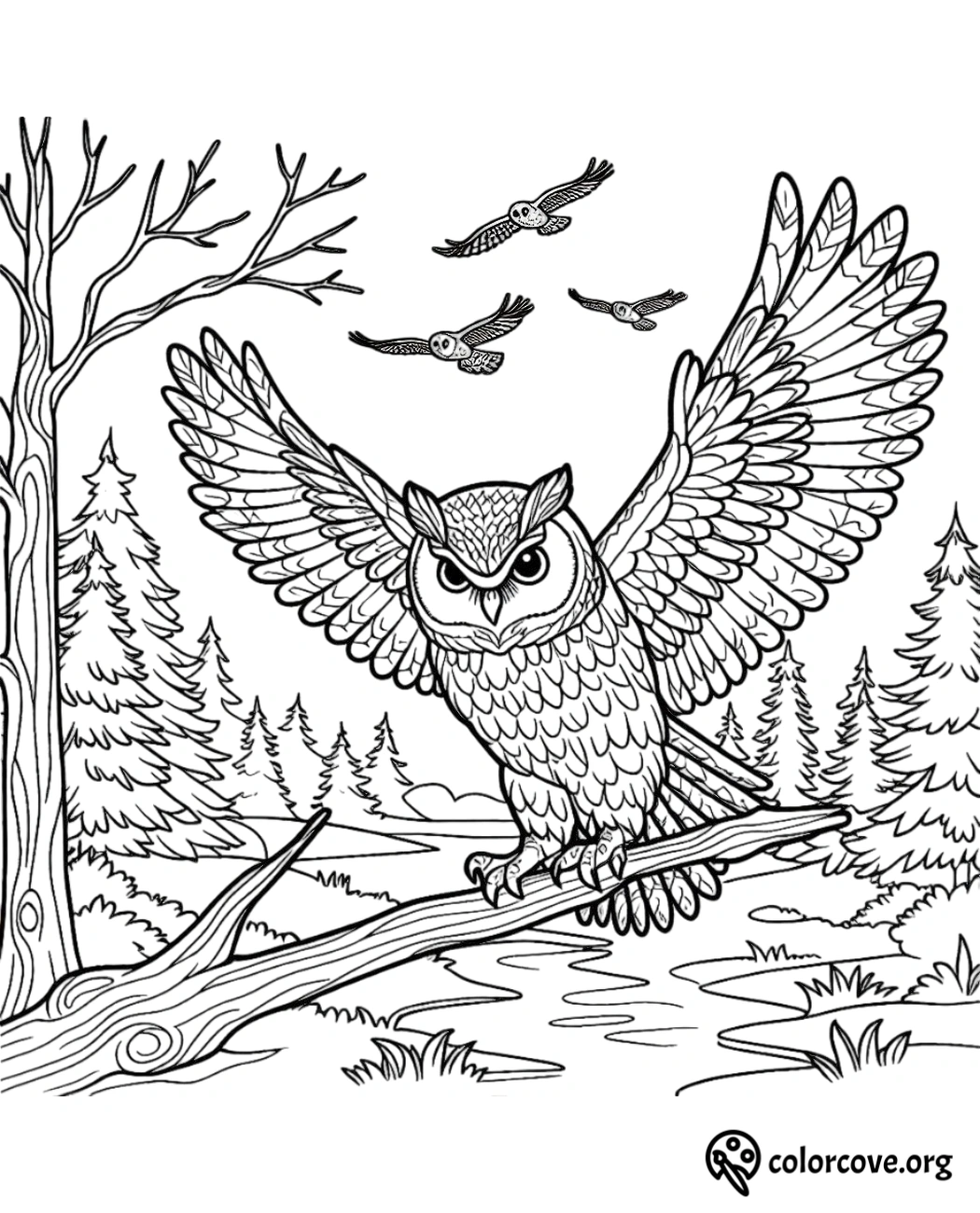 a black and white drawing of an owl on a branch with birds flying