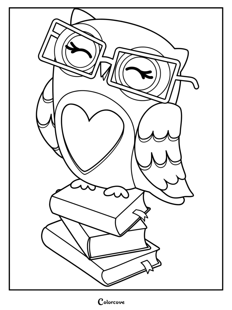 A cute owl wearing oversized square glasses standing on a stack of books, featuring a heart-shaped belly pattern on this printable coloring page