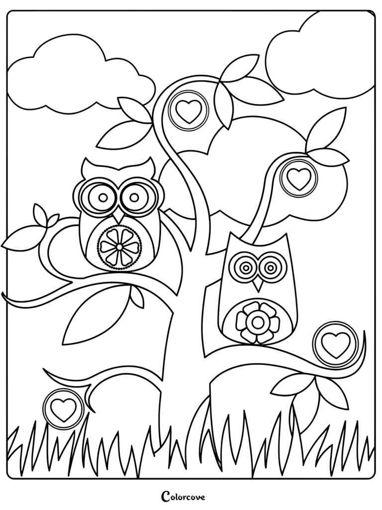 Two decorative owls with floral patterns sitting on tree branches with heart shapes under clouds coloring page