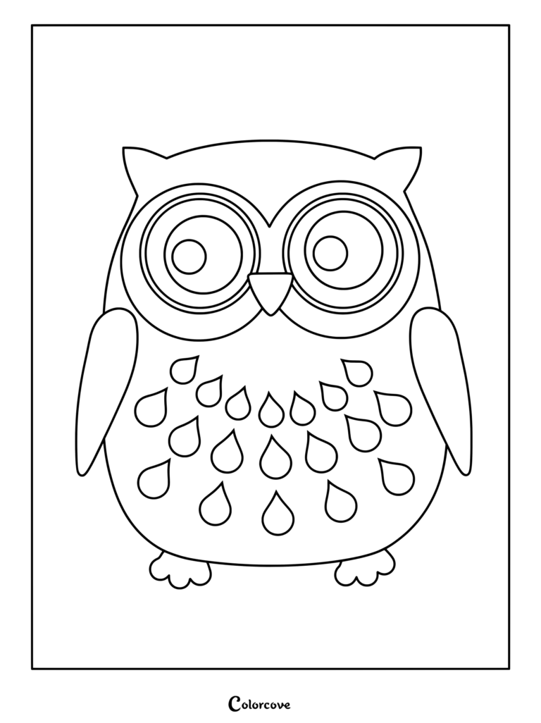 Cute owl coloring page featuring a plump bird with large concentric circular eyes and teardrop feather patterns