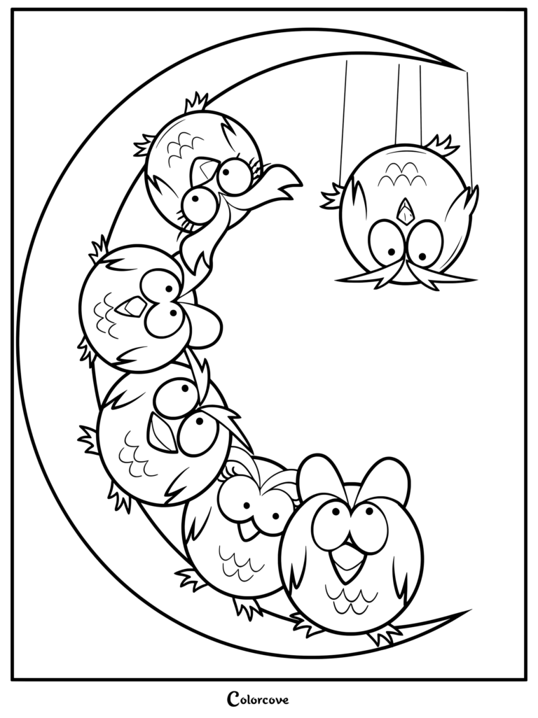 Several cute cartoon owls perched and hanging upside down on a crescent moon coloring page