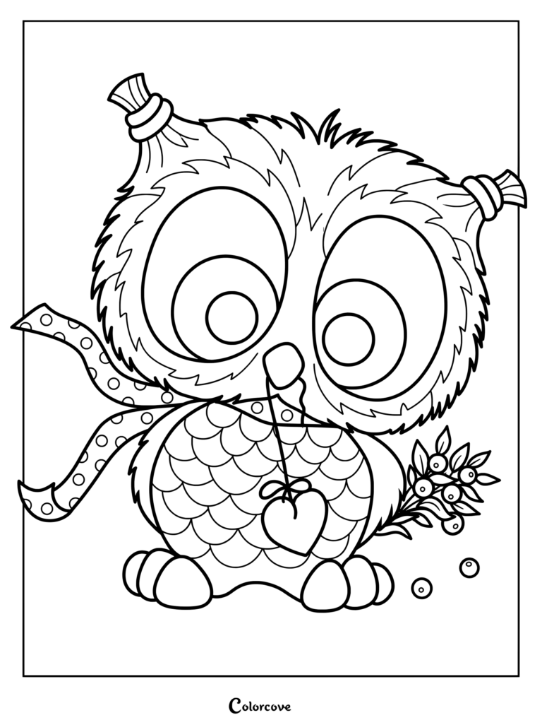 Cute owl holding a heart and berries coloring page with polka dot scarf