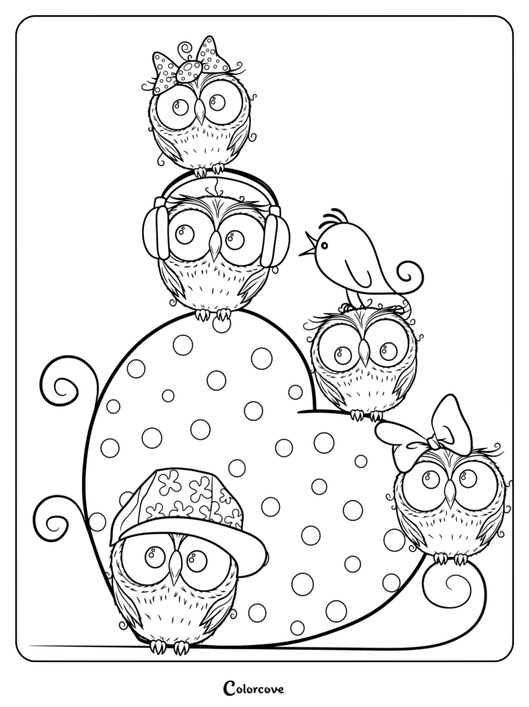A printable coloring page featuring a group of adorable owls surrounding a large polka dot heart, with one wearing headphones and another wearing a floral hat.