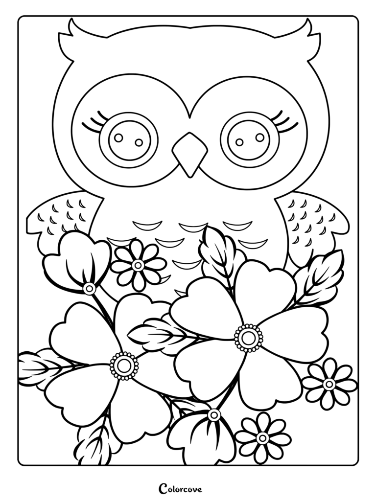A printable coloring page featuring a cute owl surrounded by large flowers and leaves