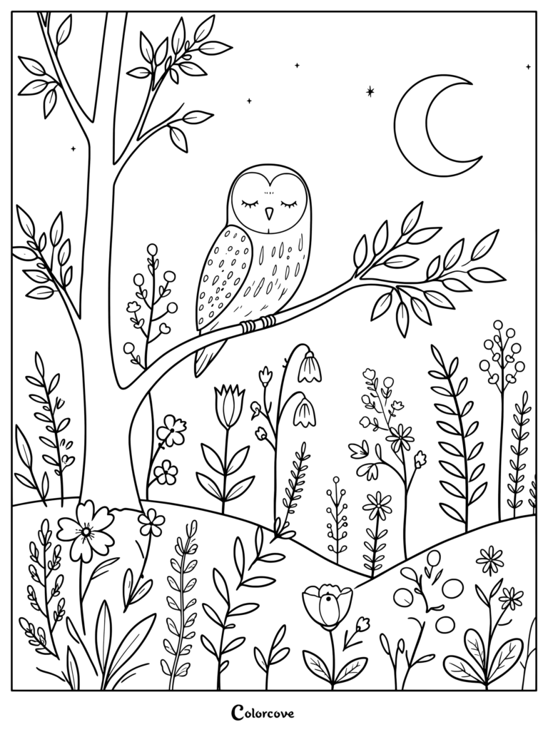 A sweet sleeping owl perched on a flowering tree branch under a crescent moon in a coloring page