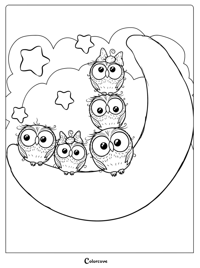 Five cute owls stacked on and sitting along a crescent moon with clouds and stars in a printable owl coloring page