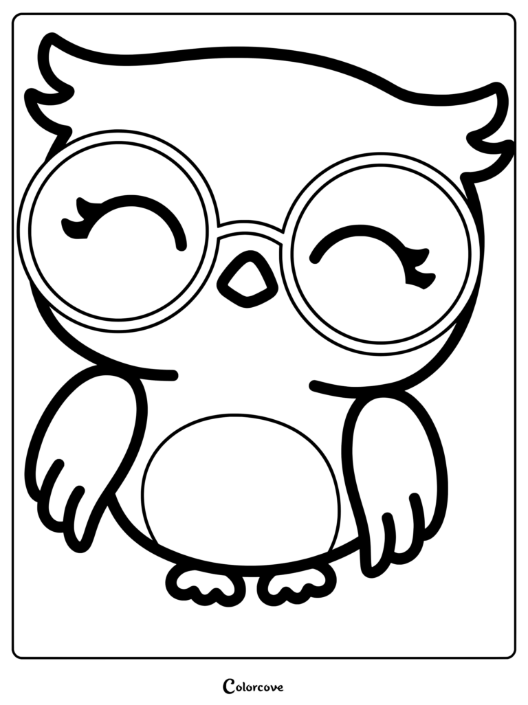 A sweet owl wearing large round glasses coloring page with bold black lines