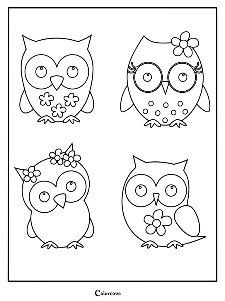 Four cute owls coloring page featuring distinct designs with flowers, eyelashes, and polka dots in black and white line art